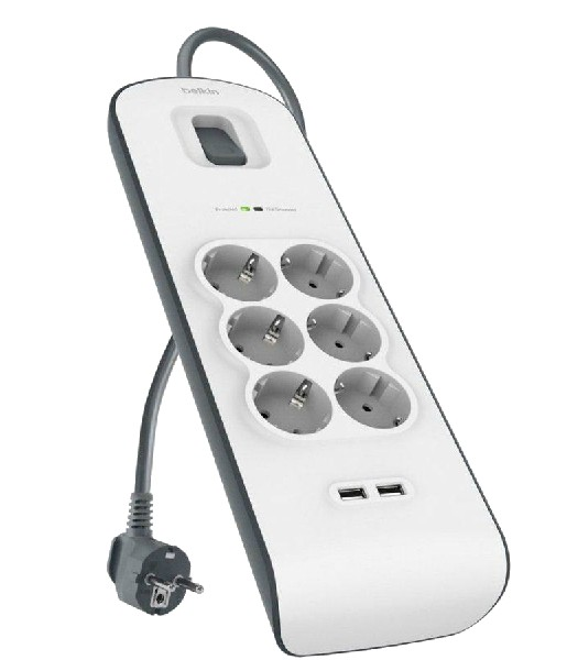 Regleta de 6 tomas y 2 puertos USB - Belkin BSV604VF2M, 2 metros, protección sobretensiones