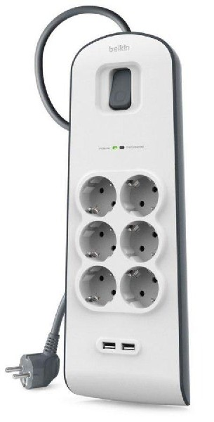 Regleta de 6 tomas y 2 puertos USB - Belkin BSV604VF2M, 2 metros, protección sobretensiones