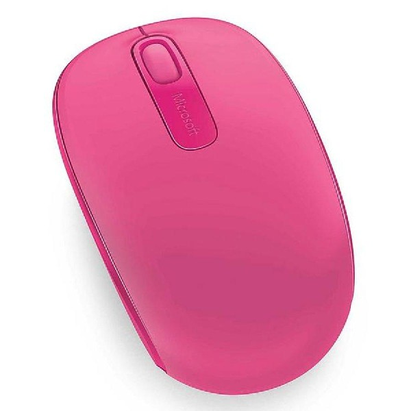 Ratón de ordenador inalámbrico rosa con rueda de desplazamiento y logo Microsoft.