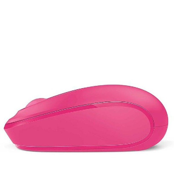 Ratón de ordenador inalámbrico rosa, diseño curvo con botones laterales.