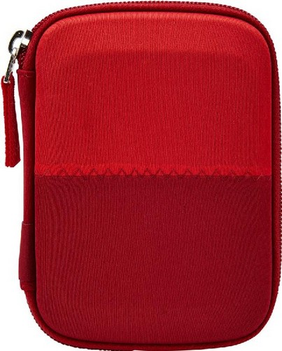 Funda roja y marrón rojizo con cremallera, para pequeños aparatos electrónicos.