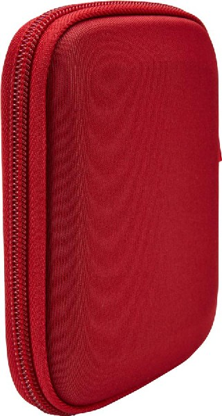 Estuche rojo con cremallera. Textura suave y forma rectangular redondeada.