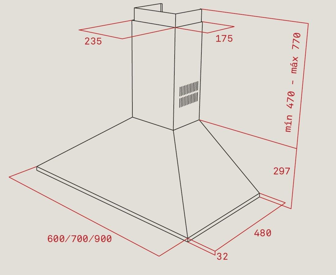 Vista isométrica de una campana extractora con dimensiones etiquetadas en rojo, sobre fondo claro.