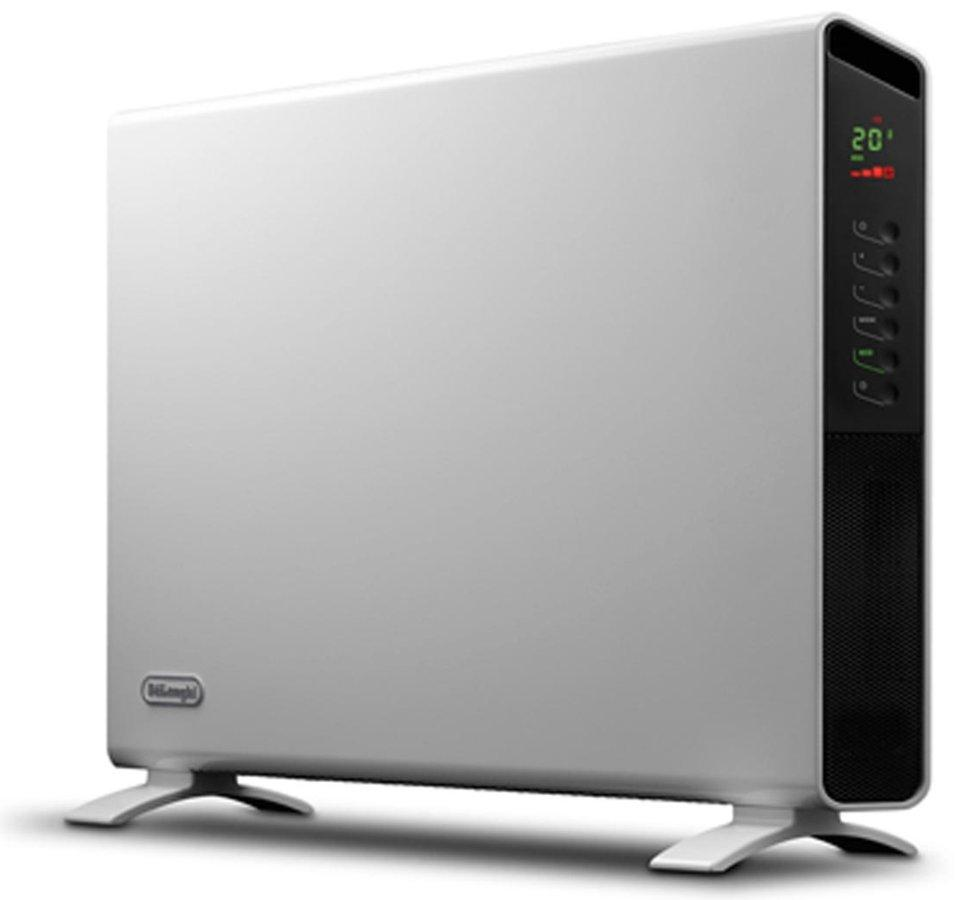 Un calentador eléctrico blanco. Tiene una pantalla digital y un panel de control negro en el lateral.