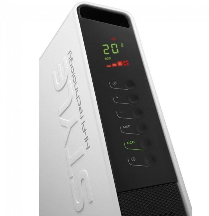 Un dispositivo electrónico blanco con una pantalla digital. Tiene botones y muestra la temperatura.