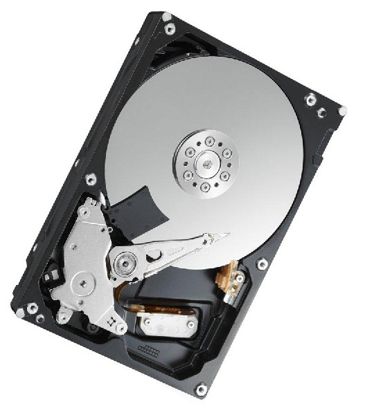 Un disco duro de computadora abierto, que muestra el plato, el brazo y los componentes internos.
