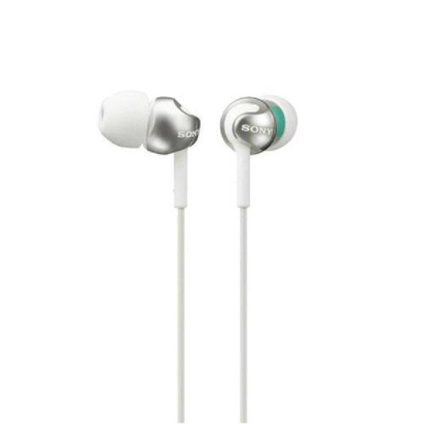 Auriculares internos blancos y plateados con cables blancos. El auricular derecho tiene un acento verde.