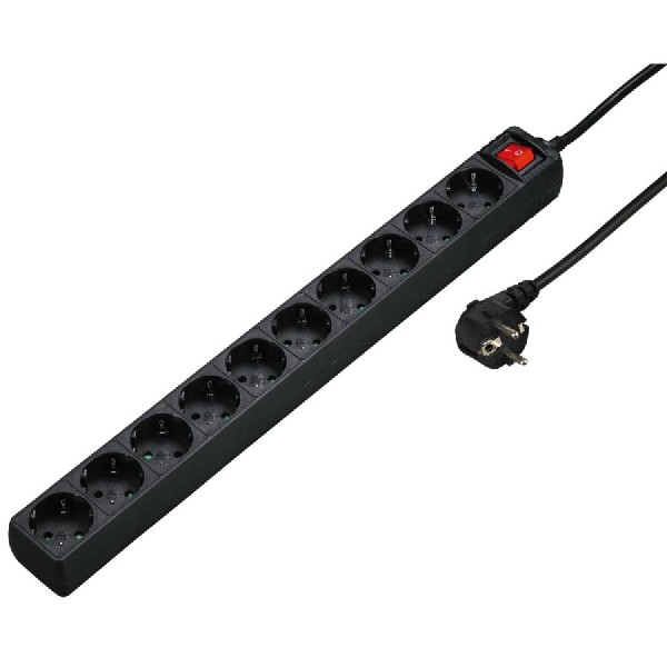 Una regleta negra con interruptor rojo y múltiples enchufes, con un cable negro.