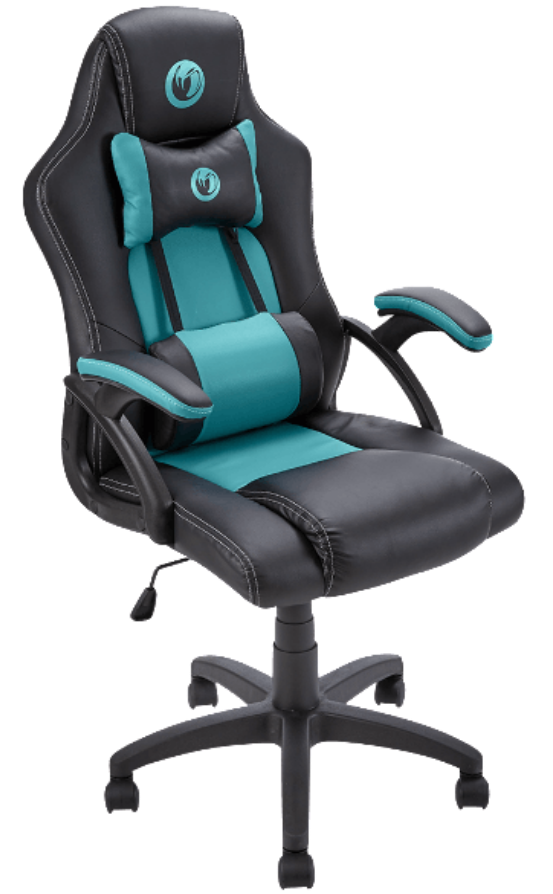 Silla gamer negra y verde azulado con reposacabezas, soporte lumbar, reposabrazos y base negra.