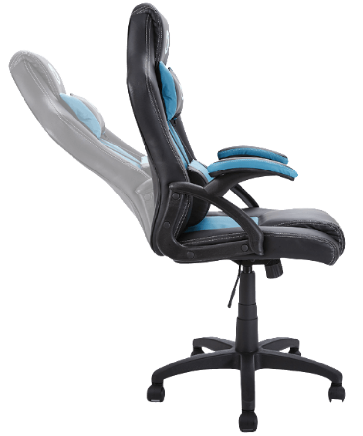 Silla gaming negra y azul, respaldo reclinado. El reposacabezas y los reposabrazos también son azules.