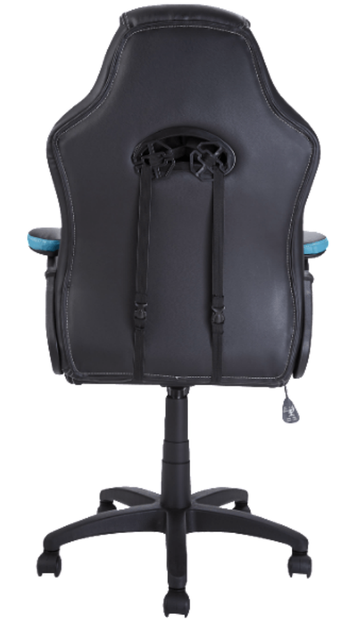 La parte trasera de una silla gamer es negra y azul con ruedas.