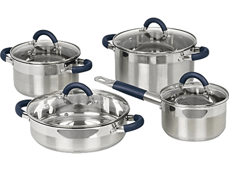 Set de ollas - Jata Hogar BC 8, 4 piezas acero inoxidable con tapas vidrio, apto para todo