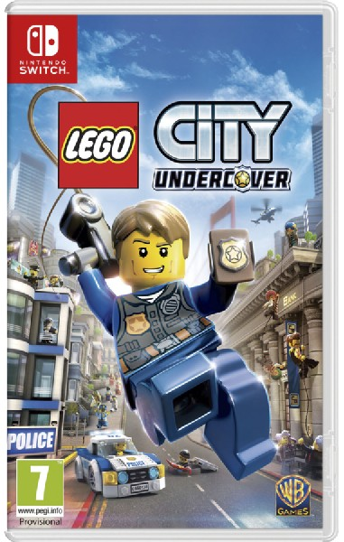 Portada del juego Lego City Undercover con un oficial de policía Lego y un fondo de ciudad.