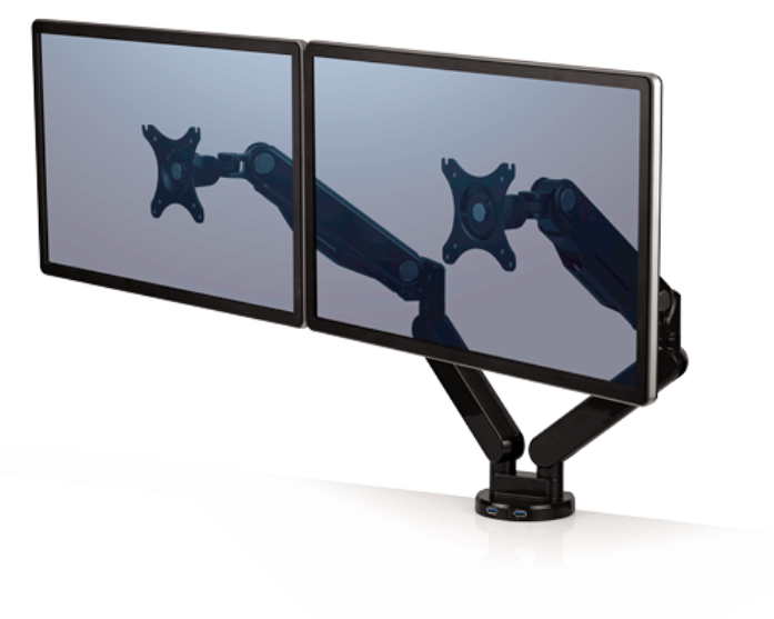 Brazo para monitor doble - Fellowes Platinum Series, Rotación 360º, USB, Negro