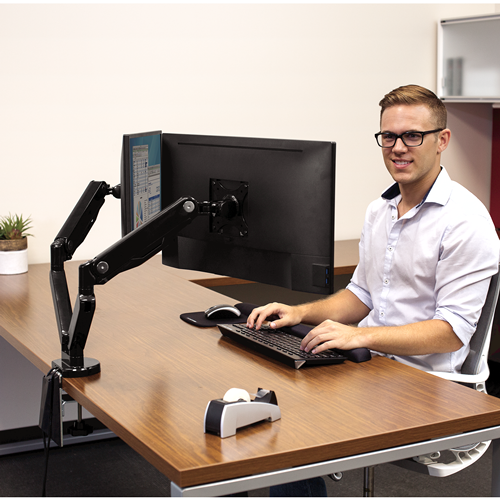 Brazo para monitor doble - Fellowes Platinum Series, Rotación 360º, USB, Negro
