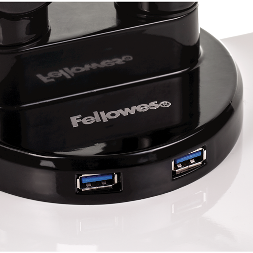 Brazo para monitor doble - Fellowes Platinum Series, Rotación 360º, USB, Negro