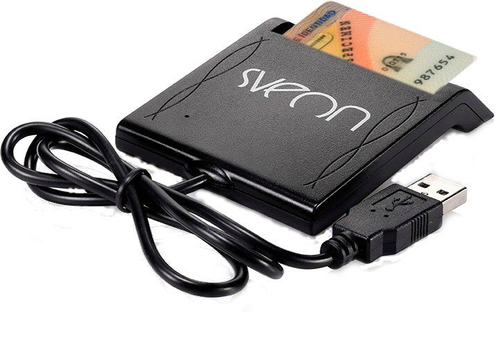 Lector de tarjetas negro con un cable USB y una tarjeta de identificación insertada. La tarjeta tiene una foto y datos de identificación.