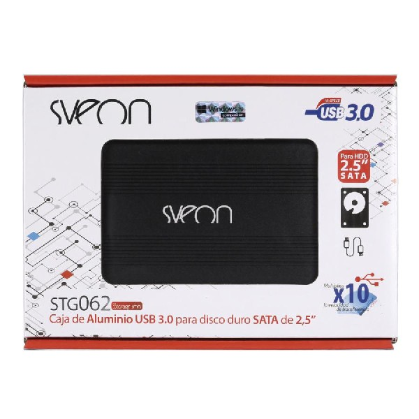 Embalaje para un disco duro externo negro.