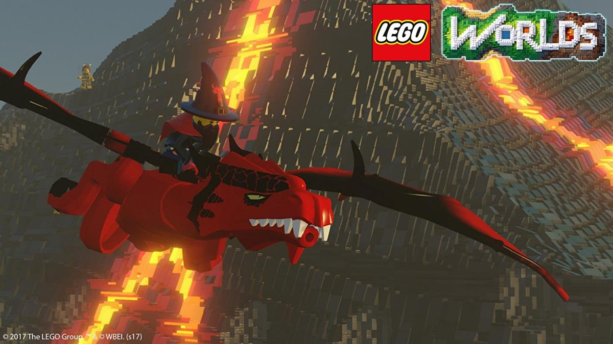 Imagen de Lego Worlds. Un dragón Lego con un jinete volando sobre un entorno de lava.