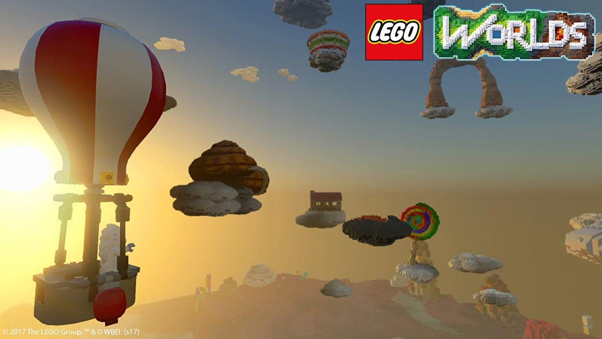 Escena de Lego Worlds con un globo aerostático e islas flotantes en un cielo al atardecer.