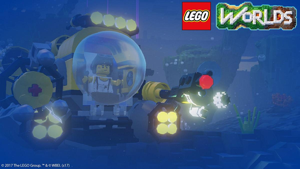 Escena submarina Lego con submarino amarillo, figura Lego y logo.
