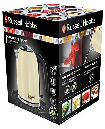 Hervidor eléctrico Russell Hobbs en una caja. El hervidor es de color crema.