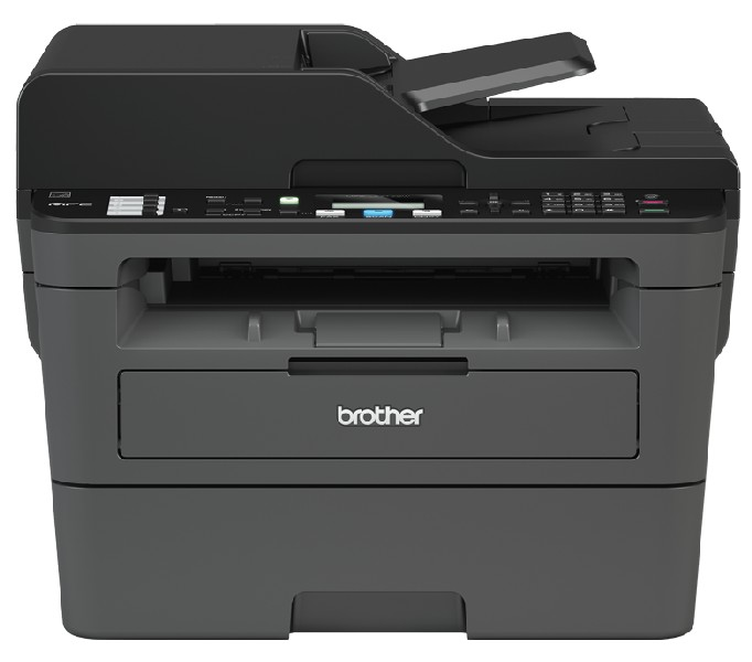 Impresora Brother negra sobre fondo blanco.