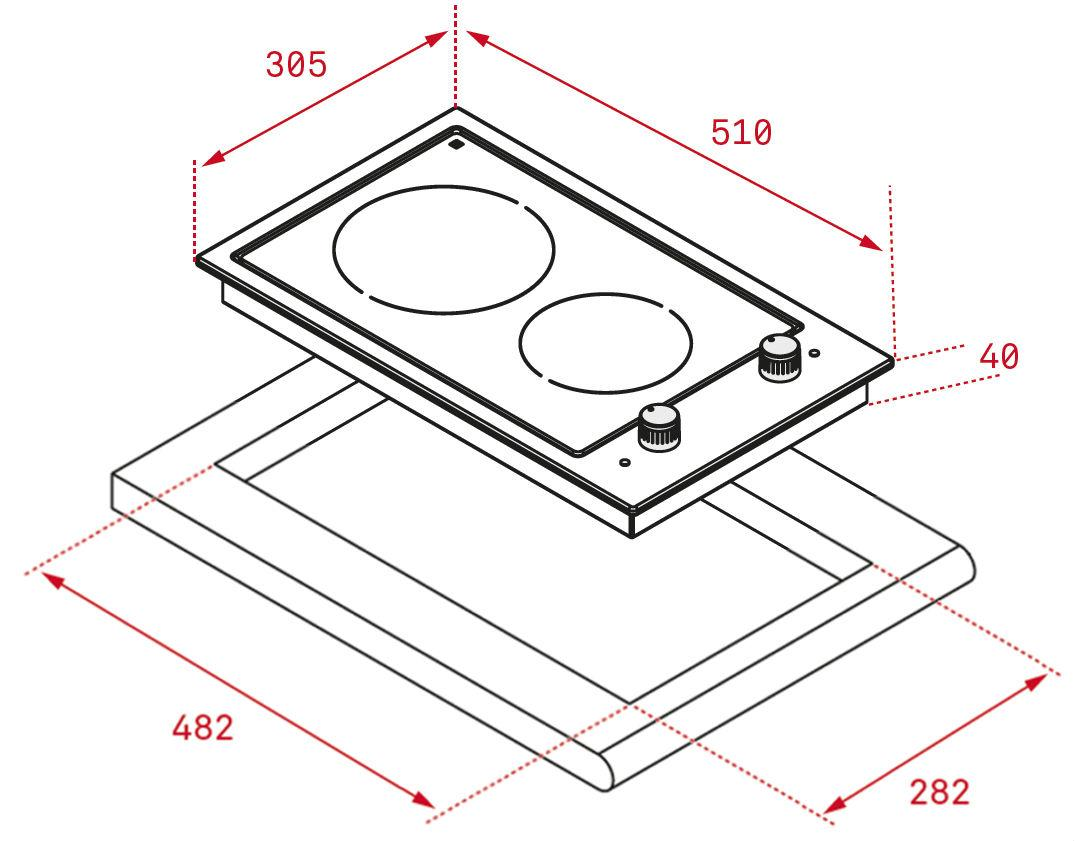 Vista isométrica de una placa de inducción con dimensiones. Se ven dos zonas de cocción circulares.