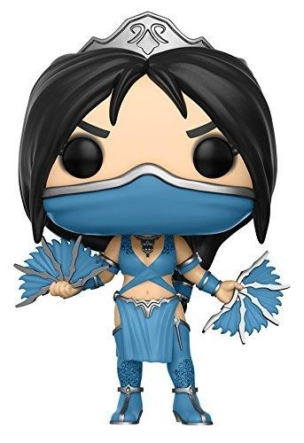 Figura Funko Pop de un personaje femenino de Mortal Kombat con traje azul y abanicos.
