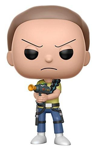 Figura de Morty Funko Pop. Morty sosteniendo un arma, con camisa amarilla y pantalones azules. Cara seria.