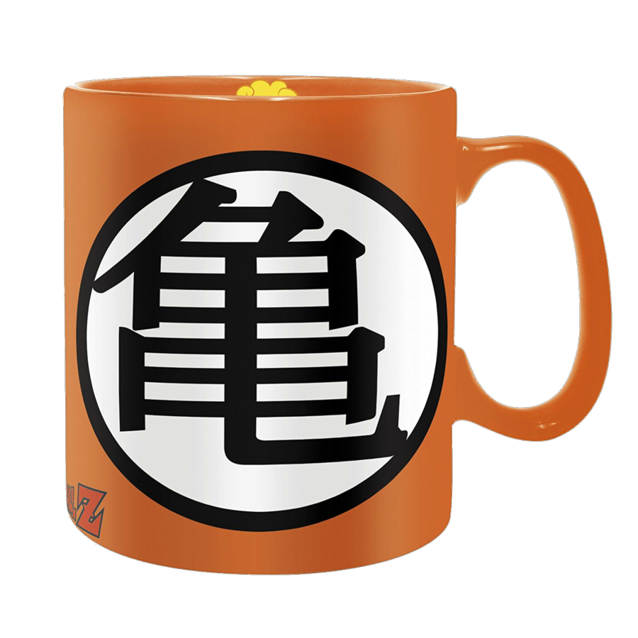 Una taza naranja con un símbolo de Dragon Ball Z y un objeto amarillo flotante.