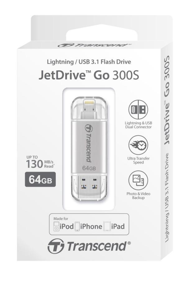 Pendrive de 64GB - Transcend JetFlash JetDrive Go 300, USB 3.0 (3.1 Gen 1), Tipo A, Plata