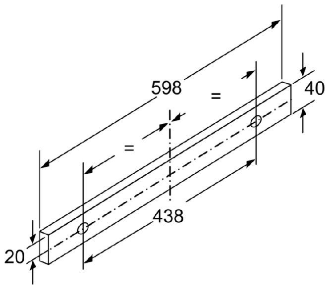 Diagrama isométrico de una viga de madera con dimensiones y posiciones de agujeros marcadas.