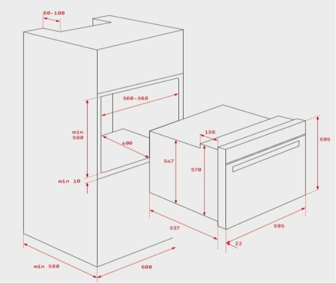 Diagrama de dimensiones de horno y gabinete empotrados, mostrando medidas en milímetros.