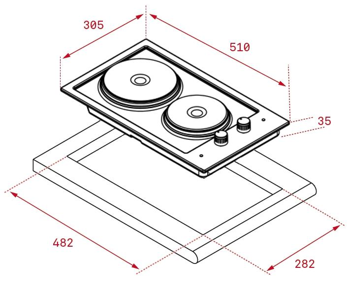 Un diagrama de una placa de cocina empotrada, con dimensiones en mm.