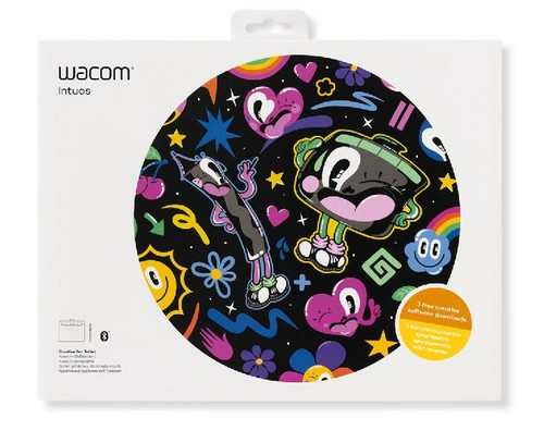 Una caja Wacom Intuos con un diseño colorido e información del producto. El diseño incluye personajes de dibujos animados y un arcoíris.