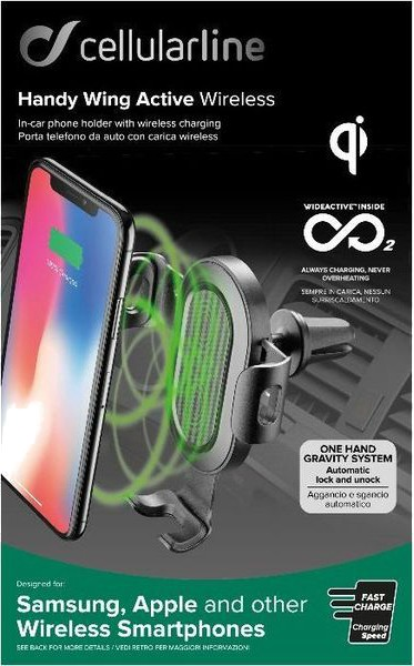 Soporte de coche - CellularLine Handy Wing Active, Carga inalámbrica, Universal, Negro