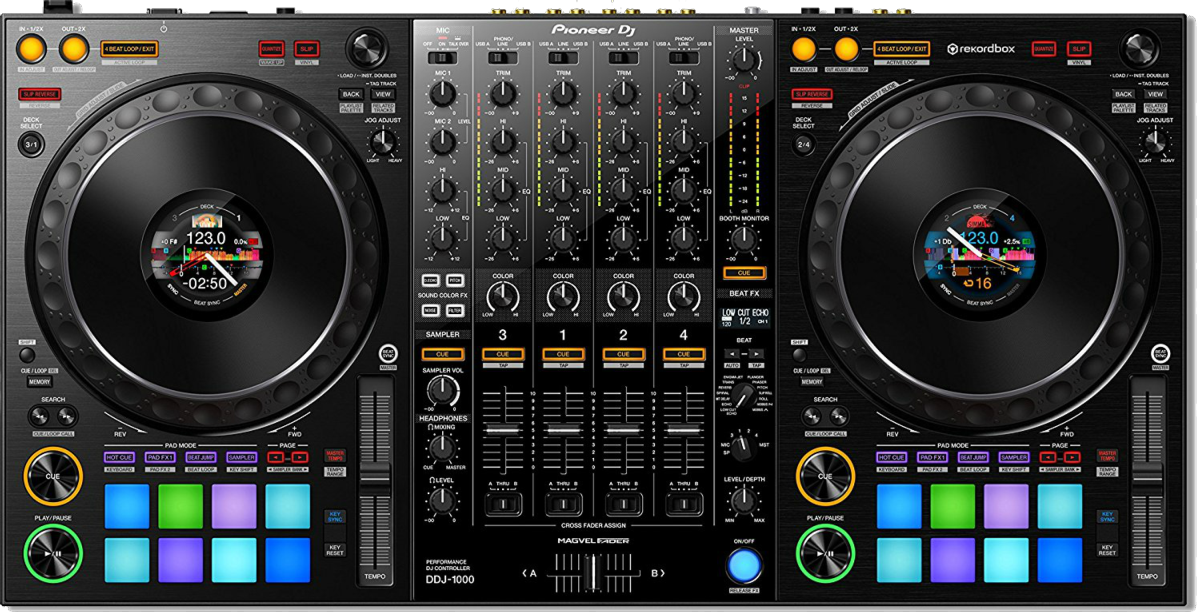 Controladora DJ - Pioneer DJ DDJ-1000, 4 canales, 2 Jog Wheels, Pantalla LCD on Jog, 16 pads,