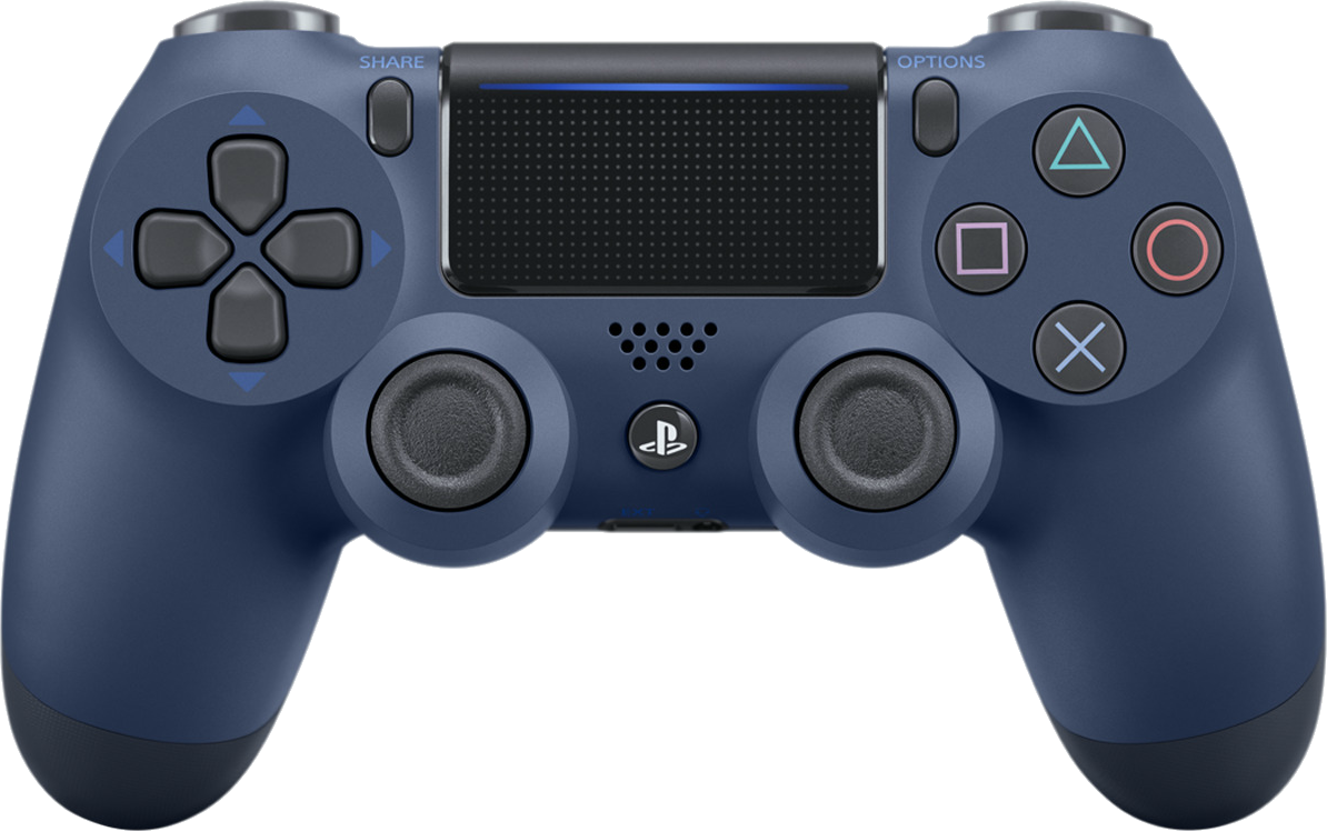 Mando azul marino de PlayStation 4 con botones de compartir, opciones y cruceta.
