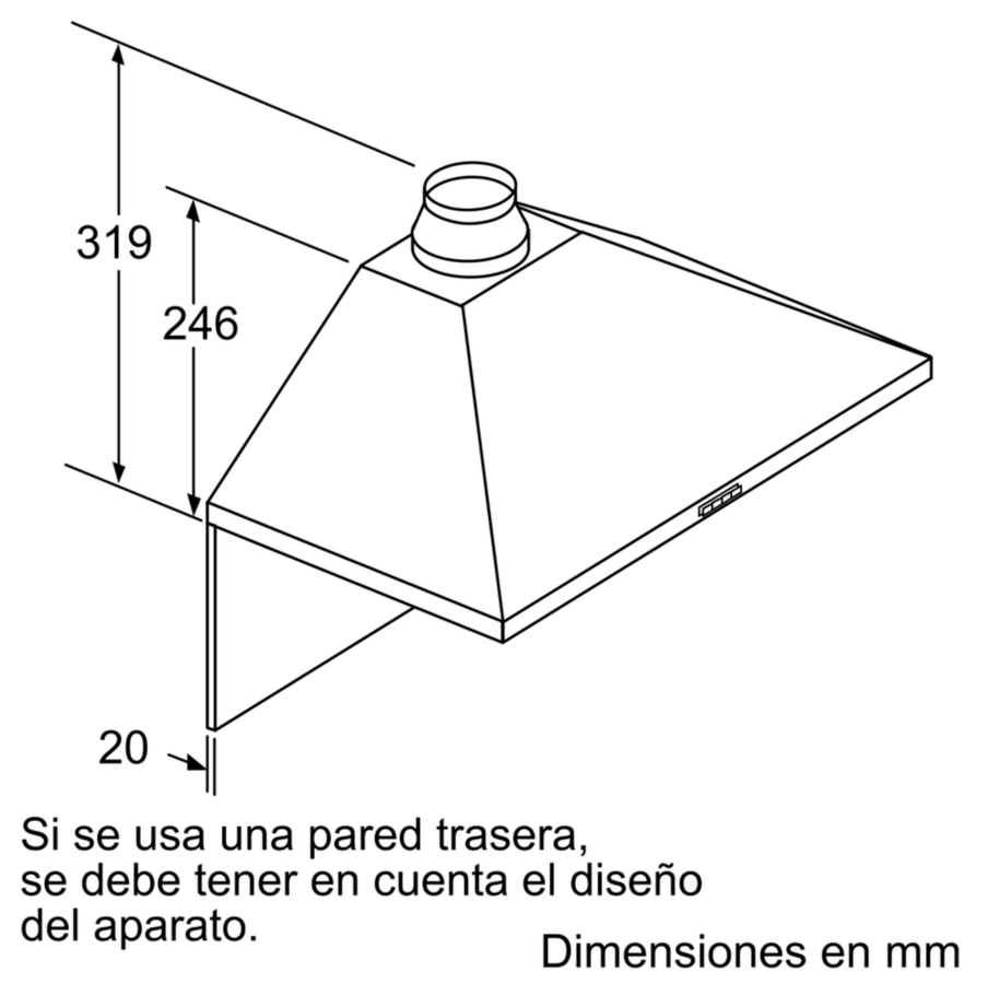Esquema de una campana extractora con dimensiones.