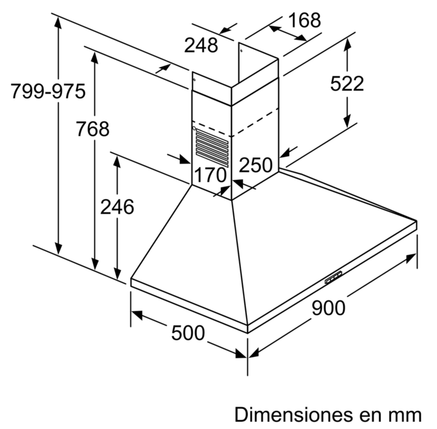 Dibujo técnico de una campana extractora de cocina con dimensiones en mm y flechas. Blanco y negro.