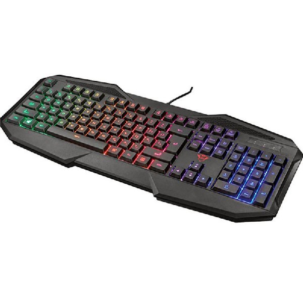 Teclado gaming negro con teclas multicolor, cable negro, sobre fondo blanco.