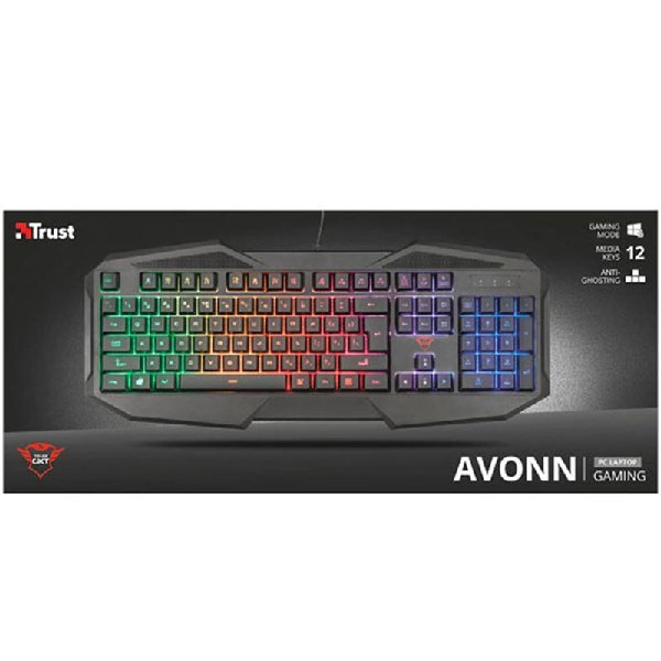 Teclado gaming Trust Avonn, negro con iluminación RGB. Caja muestra teclado y características.