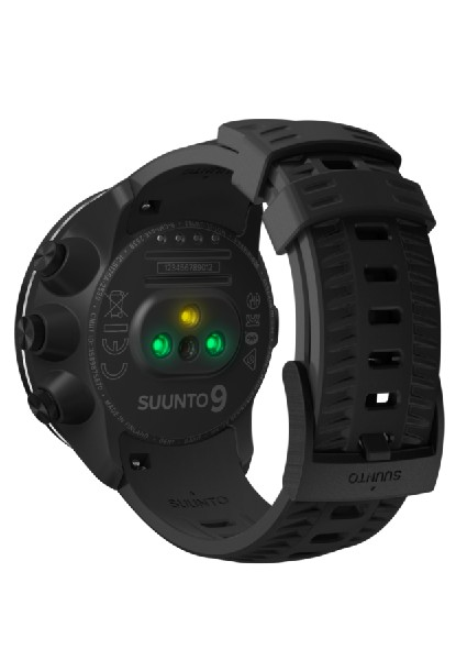 Reloj GPS Suunto 9 negro. La parte trasera muestra sensores, un monitor de frecuencia cardíaca y botones. La correa es negra.