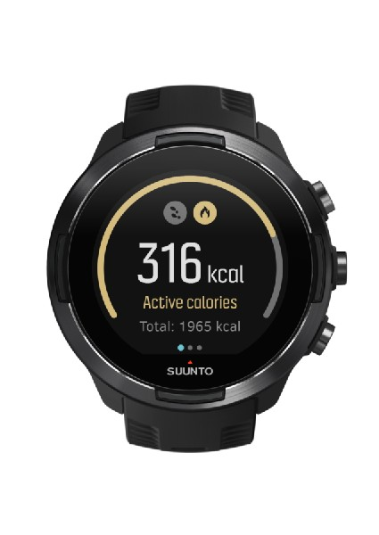 Reloj Suunto negro que muestra calorías activas y calorías totales en pantalla.