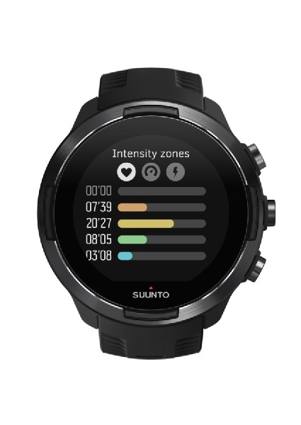 Reloj Suunto negro con pantalla negra que muestra zonas de intensidad e intervalos de tiempo.