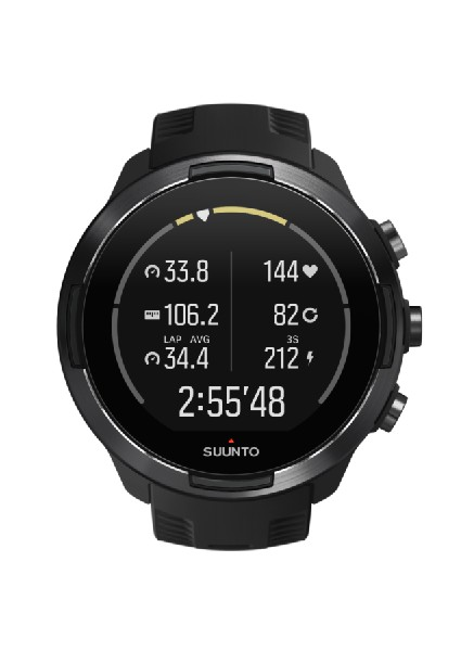 Smartwatch Suunto negra mostrando estadísticas: frecuencia cardíaca, promedio de vuelta, tiempo y más.