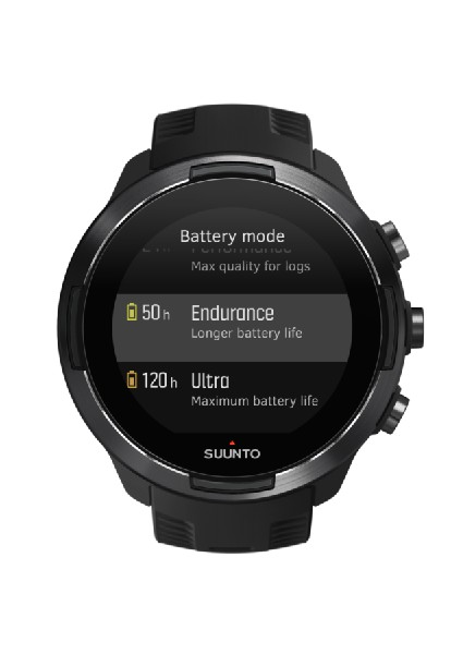 Un reloj deportivo Suunto negro. La pantalla muestra el modo de batería con opciones de resistencia y ultra.