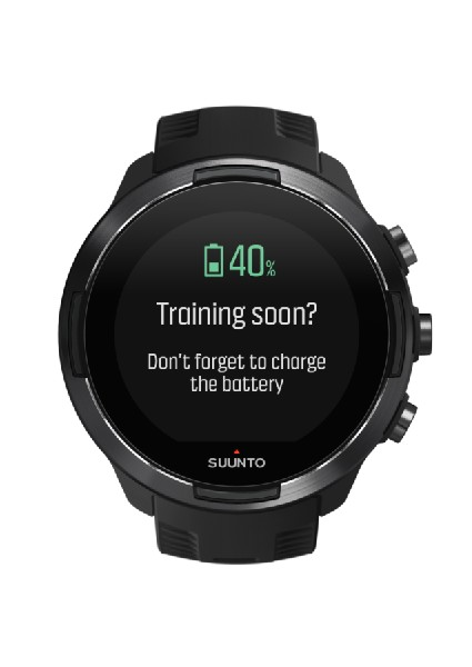 Un smartwatch Suunto muestra 40% de batería y un mensaje que dice '¿Entrenamiento pronto?'