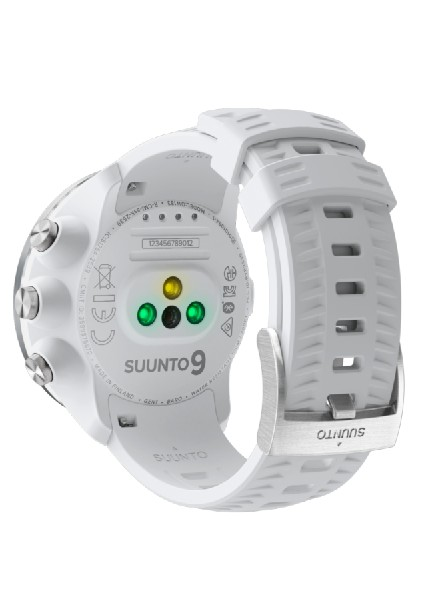 Reloj Suunto 9 blanco, vista trasera con sensores y correa.